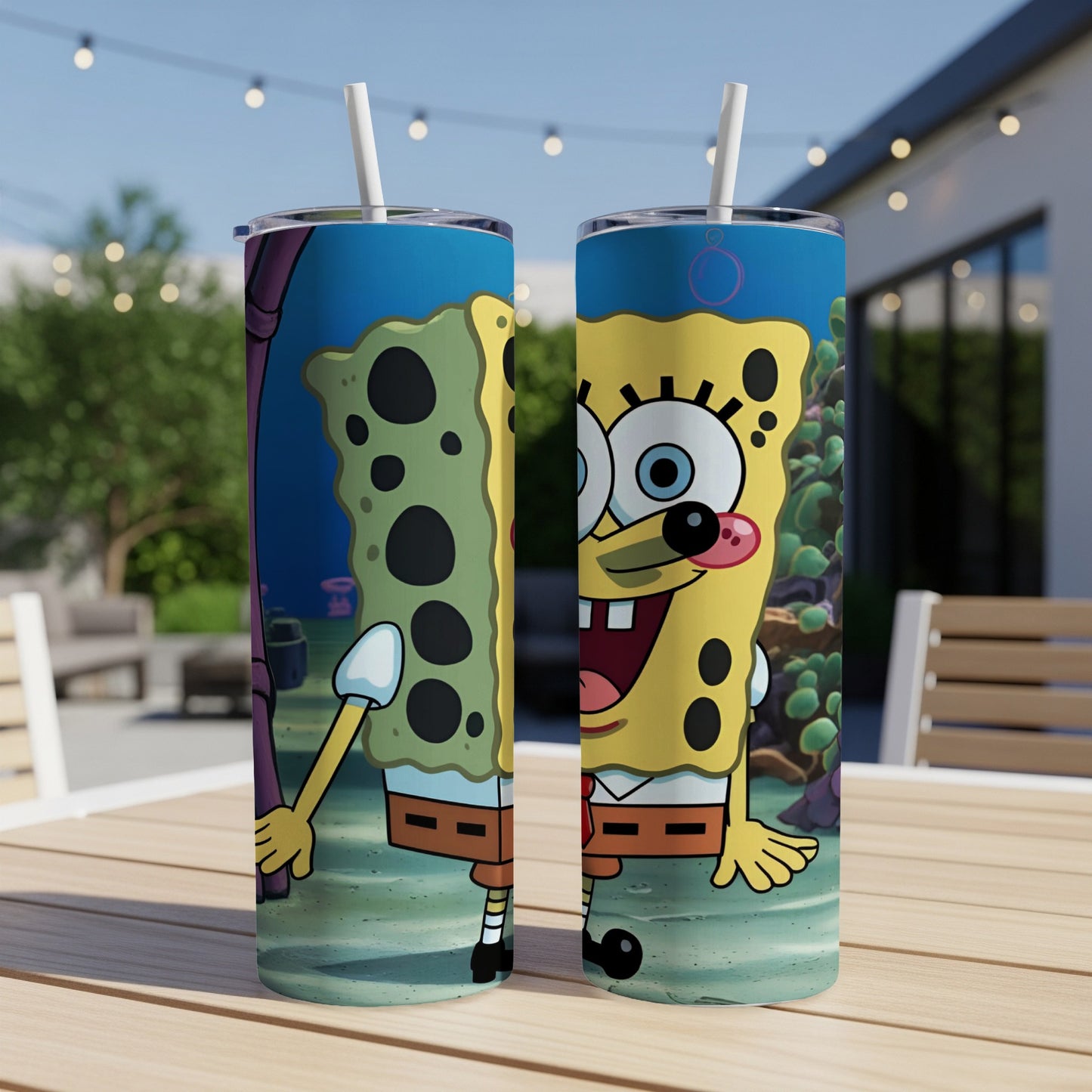 SpongeBob SquarePants character artwork on two stainless steel tumblers.
