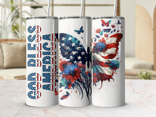 Three tumblers with patriotic designs featuring American flags and butterflies.