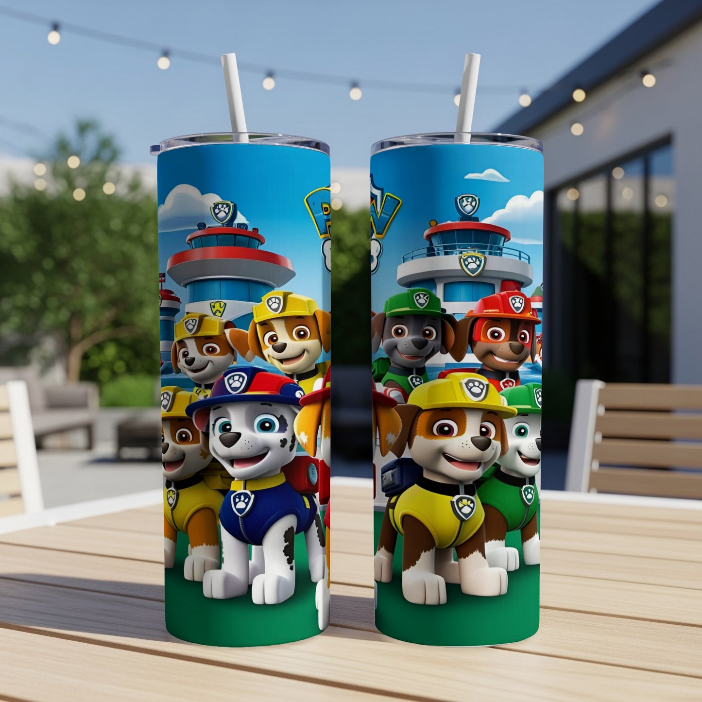 Paw Patrol characters on a blue and green tumbler with outdoor background.
