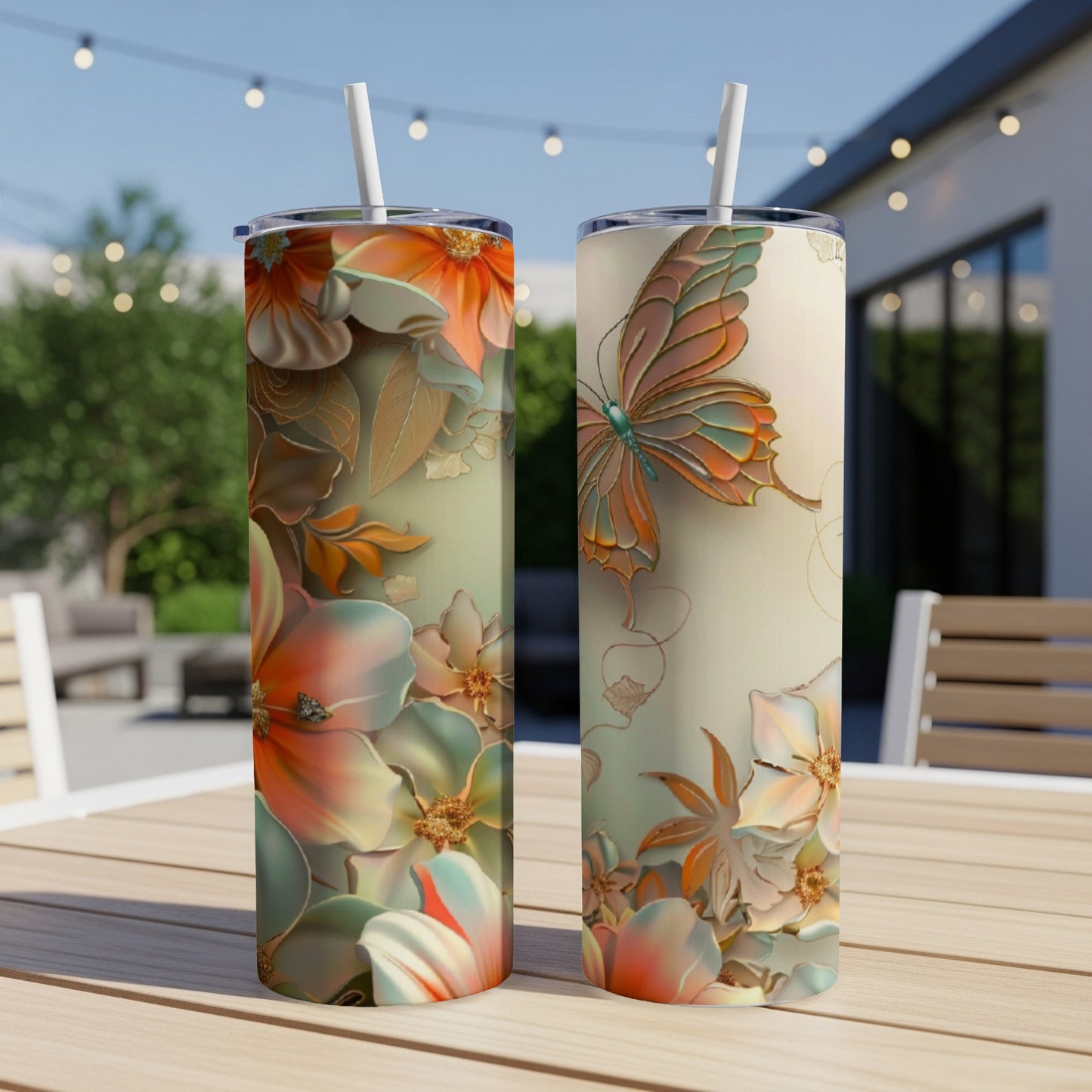 Two tall tumblers with floral and butterfly designs sit on a wooden table outdoors.