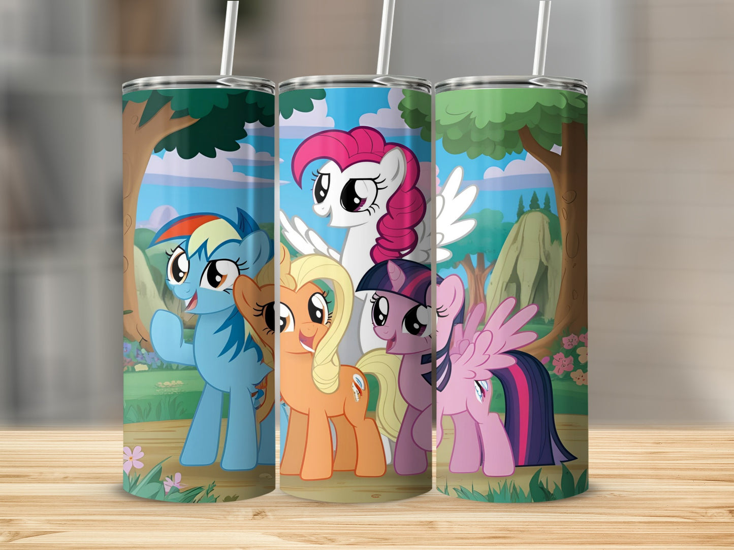 My Little Pony characters Rainbow Dash, Applejack, Pinkie Pie, and Twilight Sparkle on tumblers.