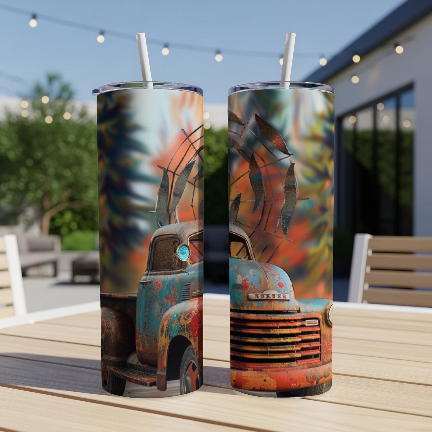 Rusty teal and orange vintage pickup truck artwork on two tumblers.