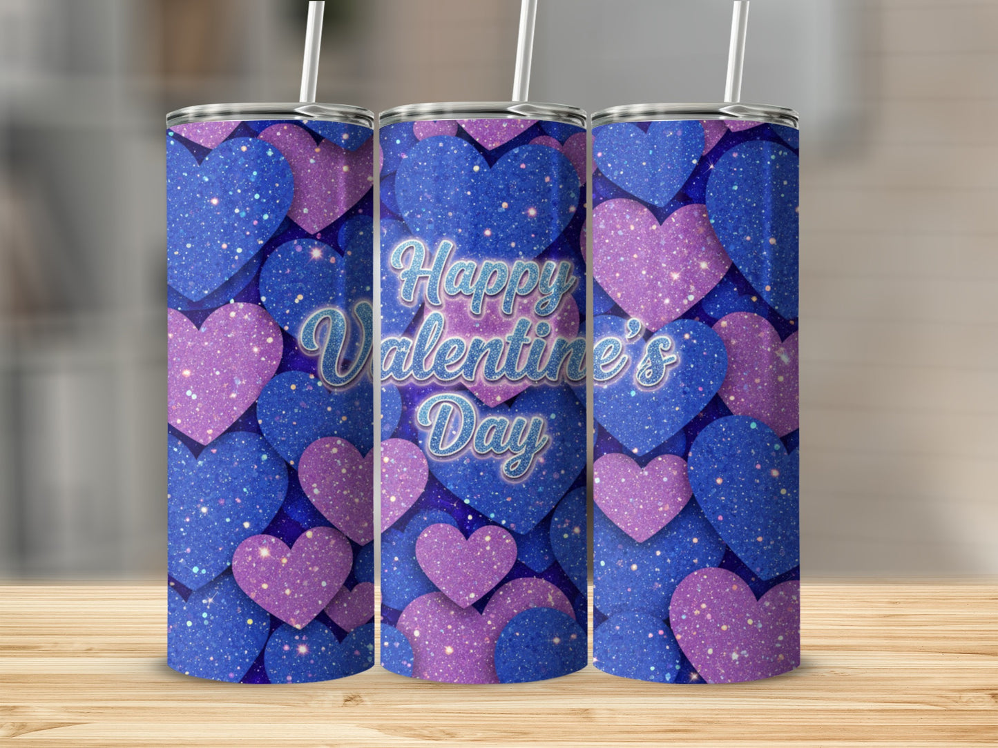 Glittery Blue and Purple Heart Happy Valentine's Day Tumbler