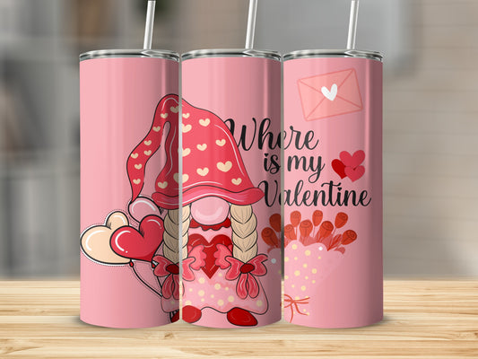 Pink Valentine's Day Tumbler with Cute Gnome Design