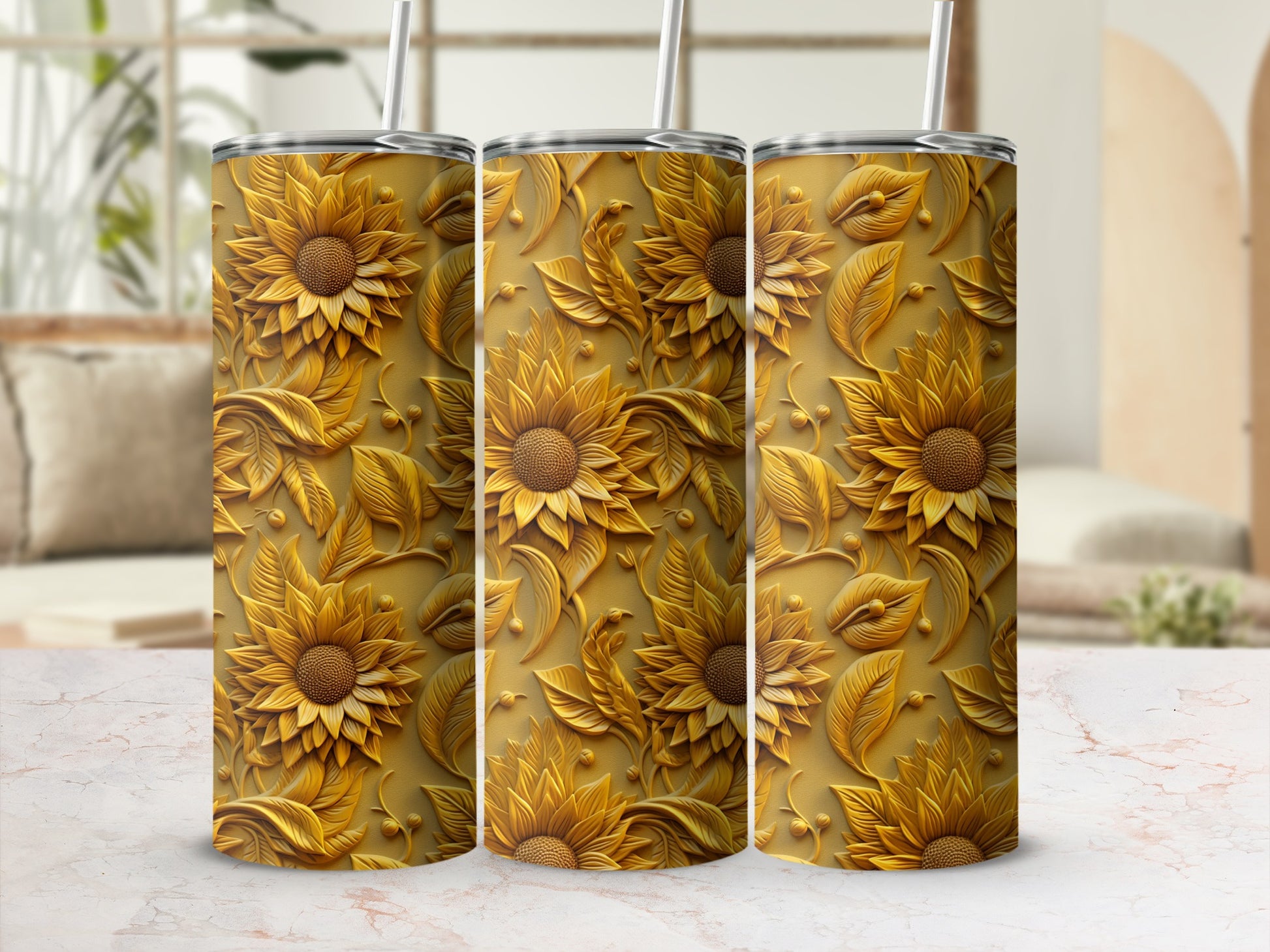 Golden Embossed Sunflower Patterned Tumbler