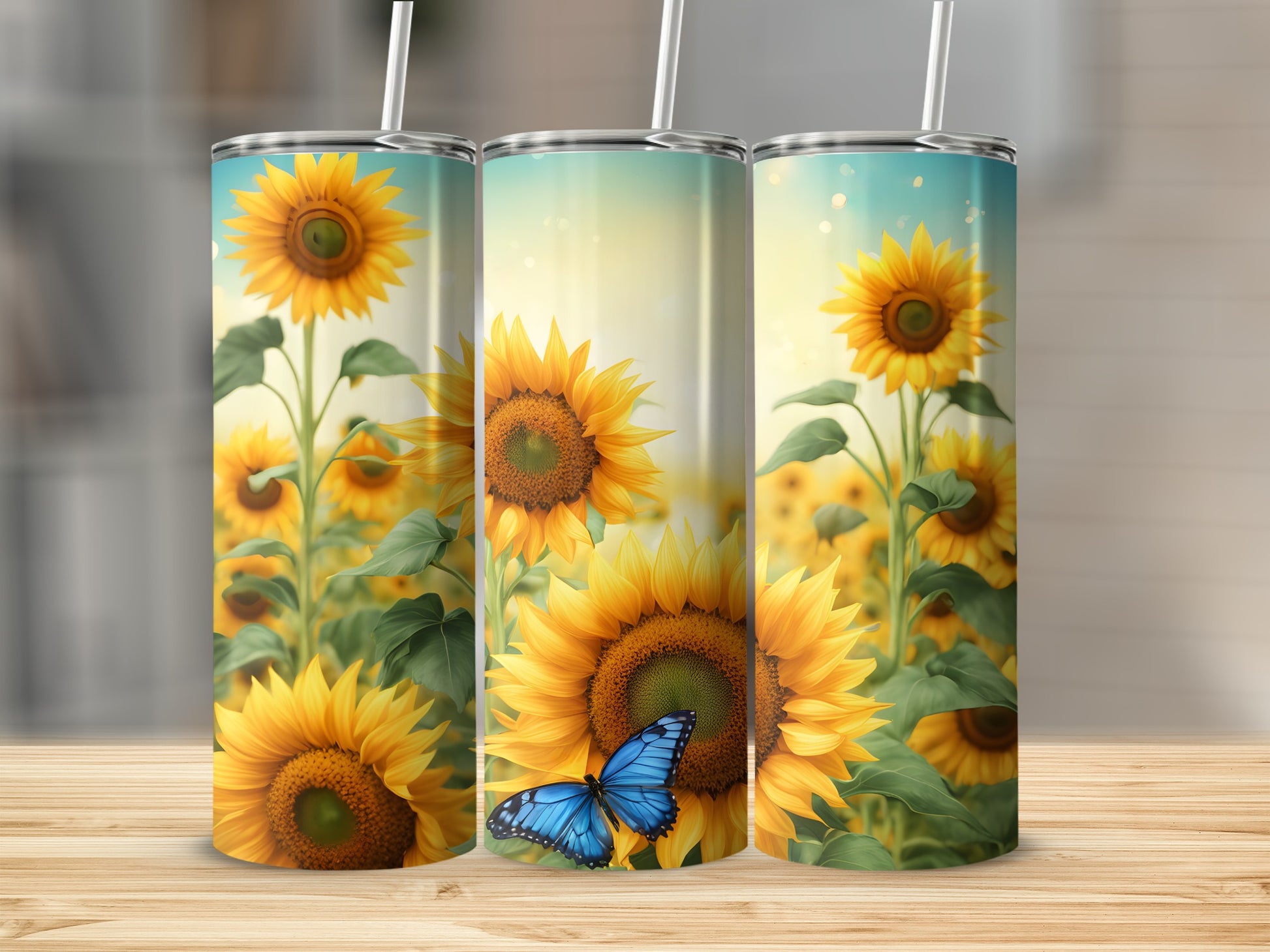 Three sunflowers on a tumbler with a blue butterfly and bokeh background.