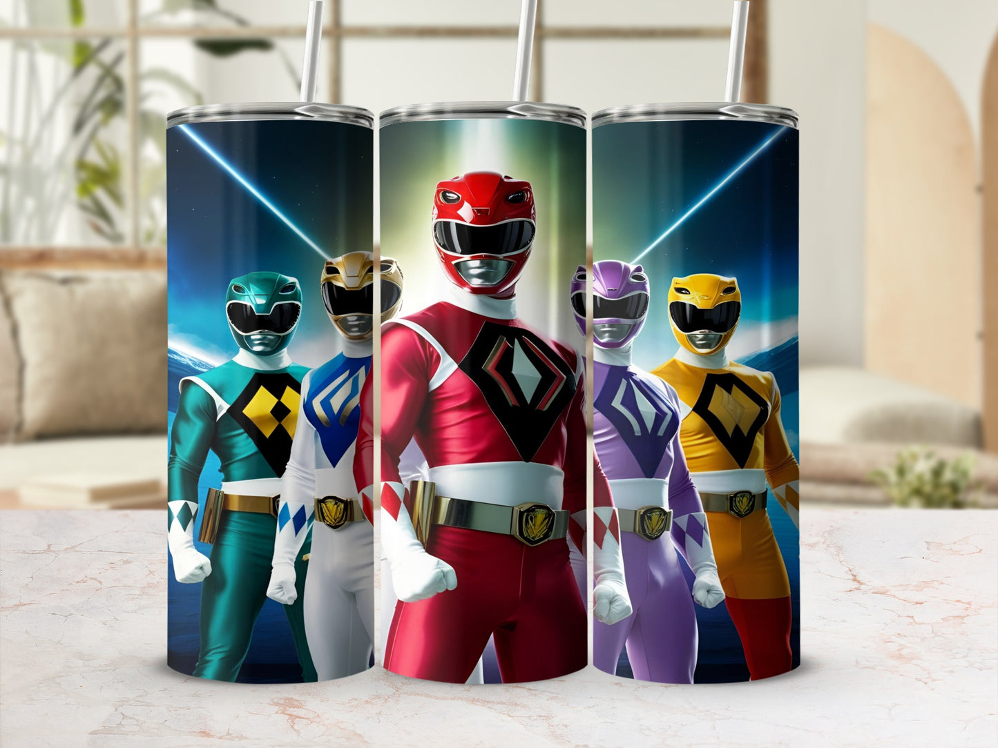 Five Power Rangers in colorful suits stand shoulder-to-shoulder.