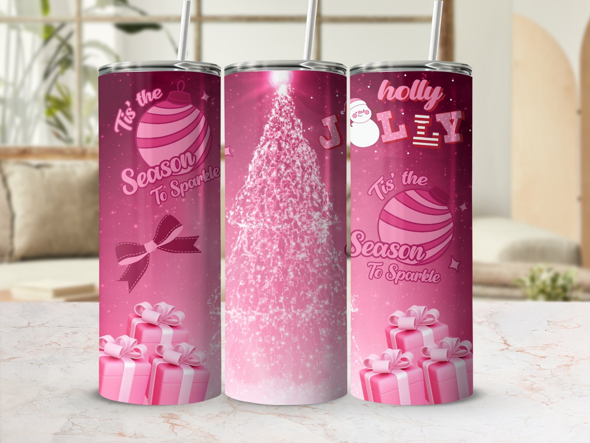 Festive Pink Tumblers with Holiday Designs