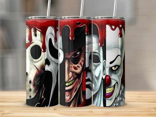 Three Halloween-themed tumblers featuring Freddy Krueger, Jason Voorhees, and a clown.