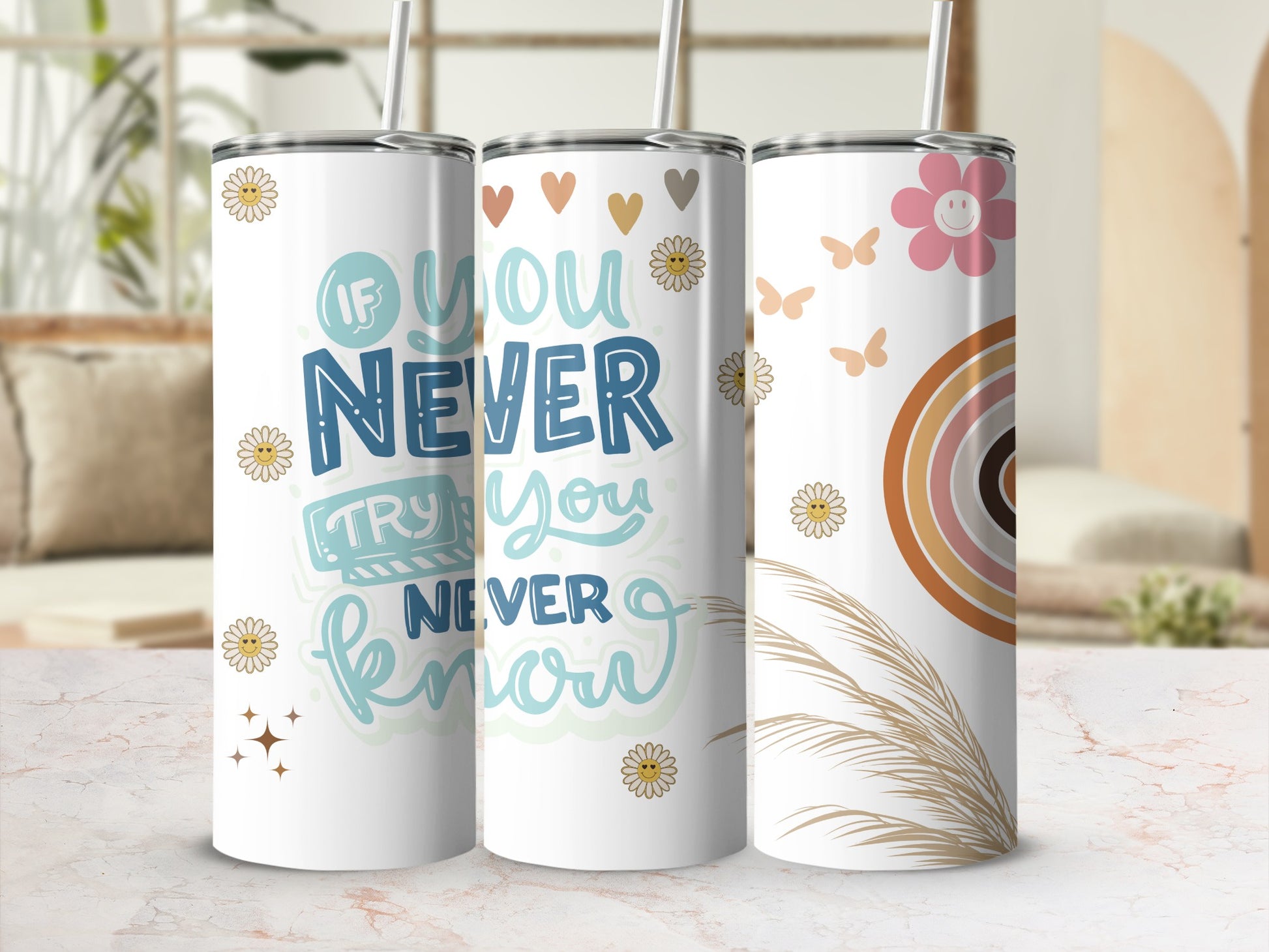 Motivational Daisy Floral Pattern Tumbler Cups*