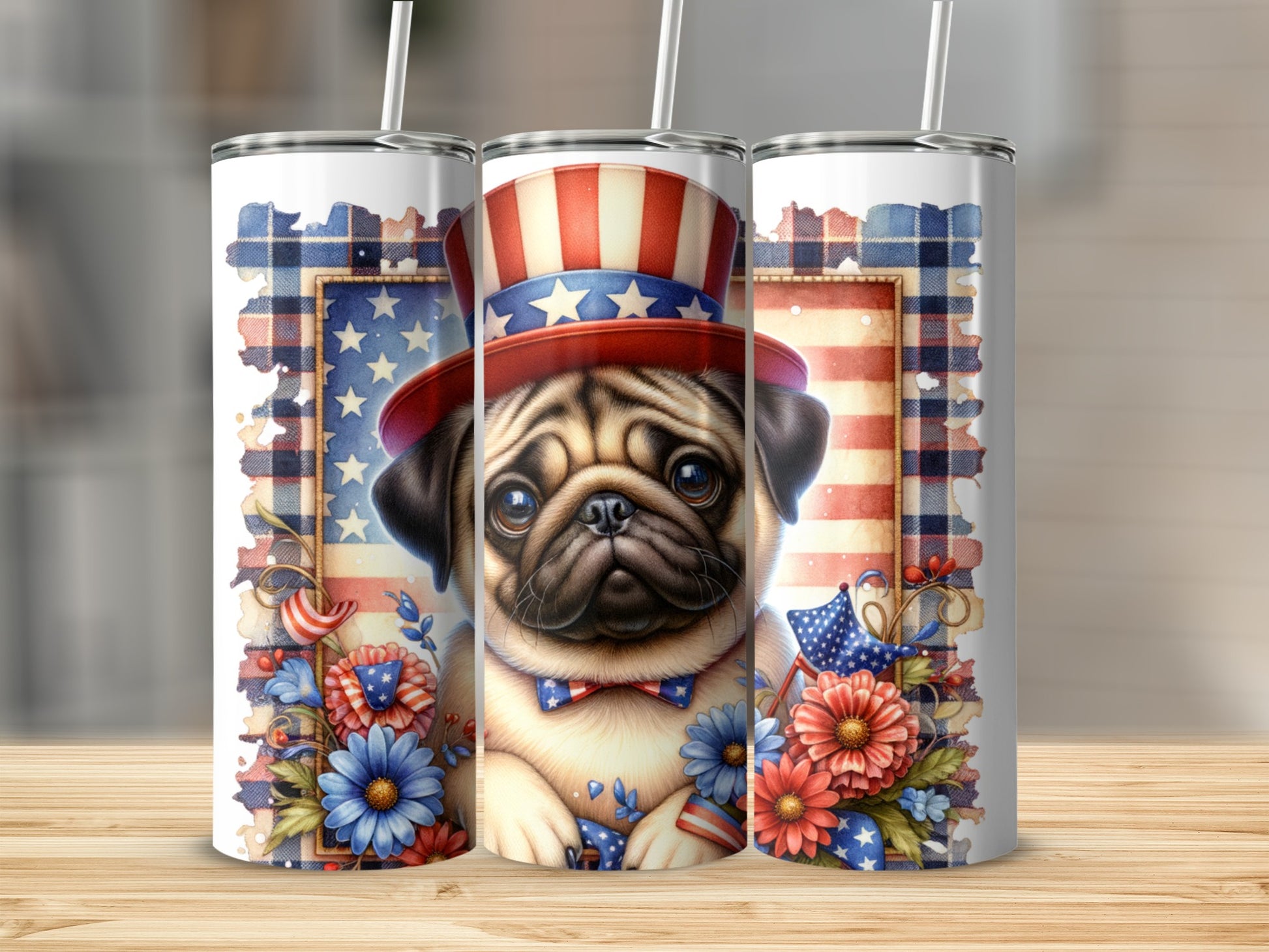 Pug in patriotic hat and bow tie surrounded by red, white, and blue flowers.