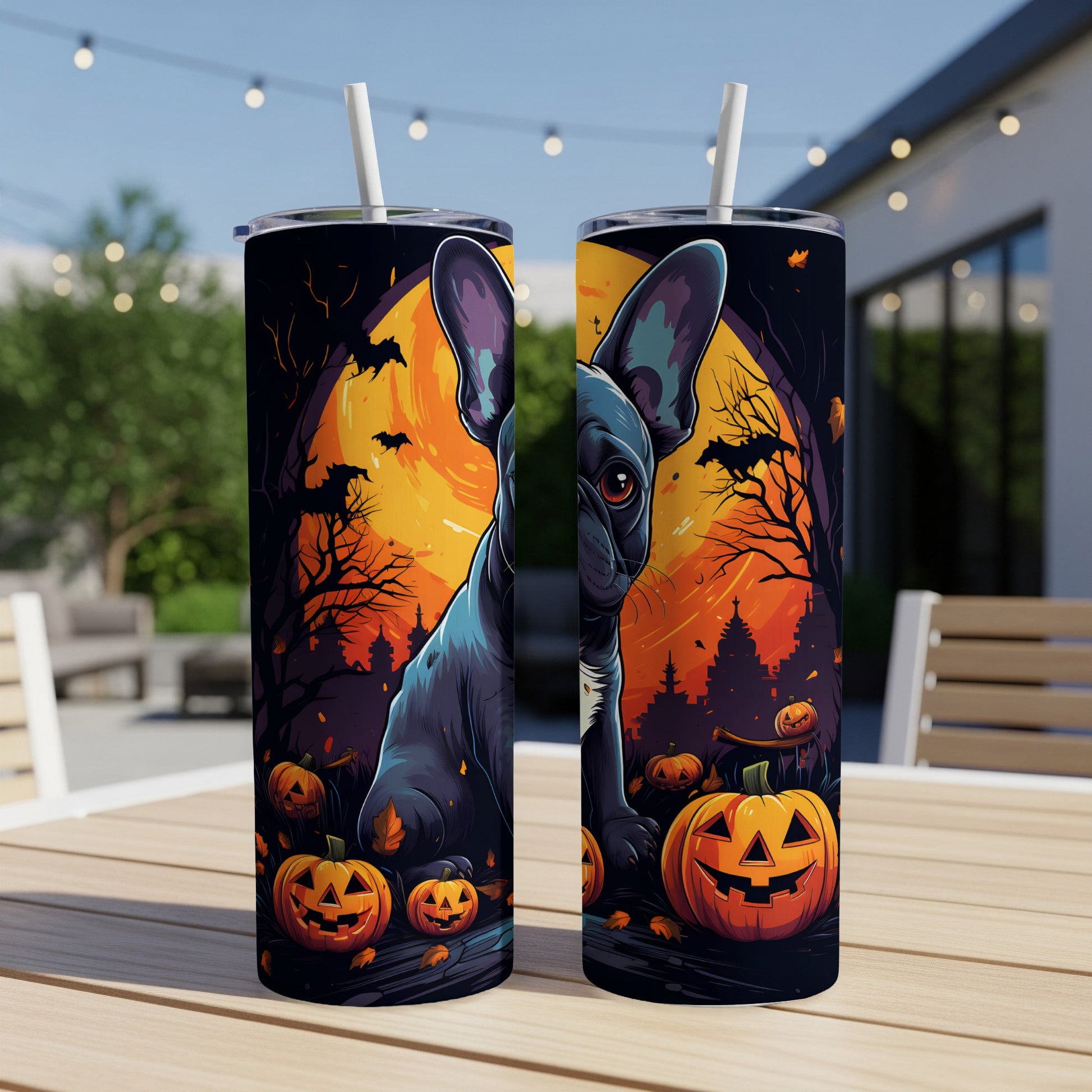 Two tumblers with a French bulldog and Halloween pumpkins under a full moon.