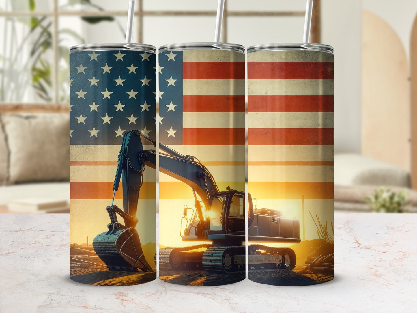 Excavator in front of an American flag at sunset.