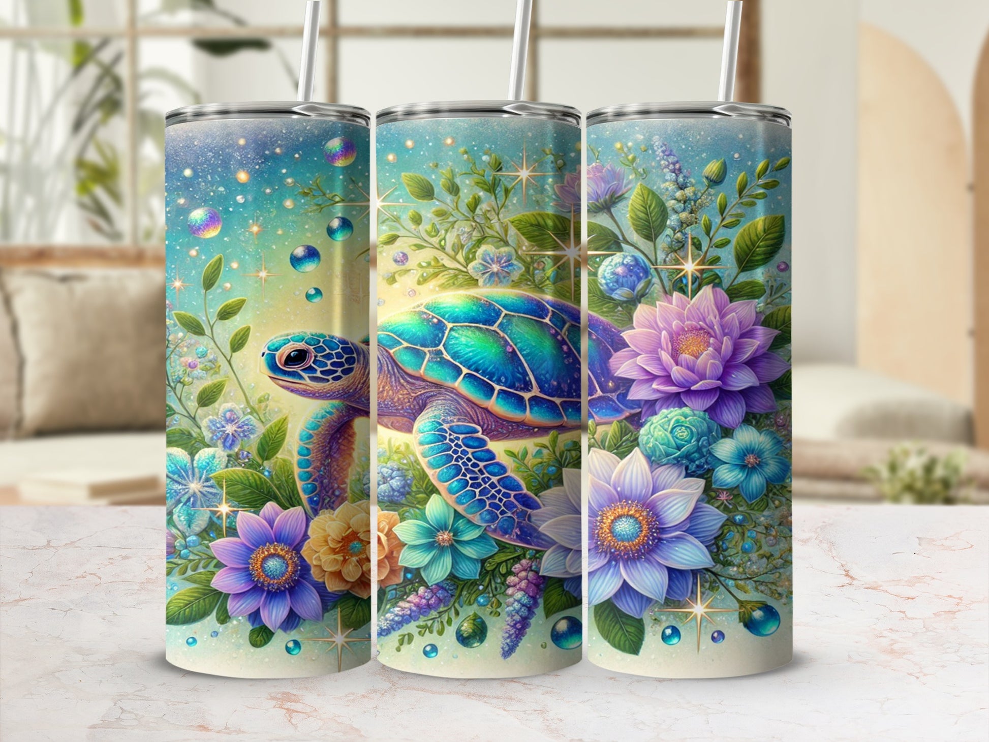 Magical Floral Turtle Design Insulated Tumbler Cups