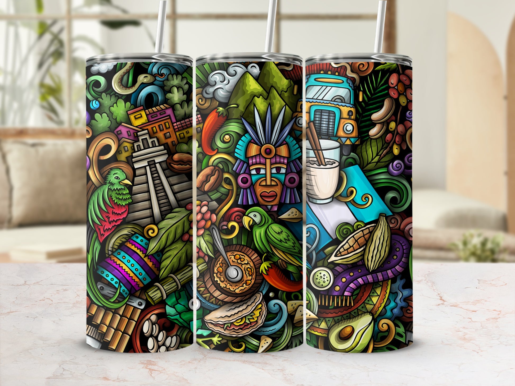 Vibrant Cultural Art Travel Tumbler Cups Set for Home