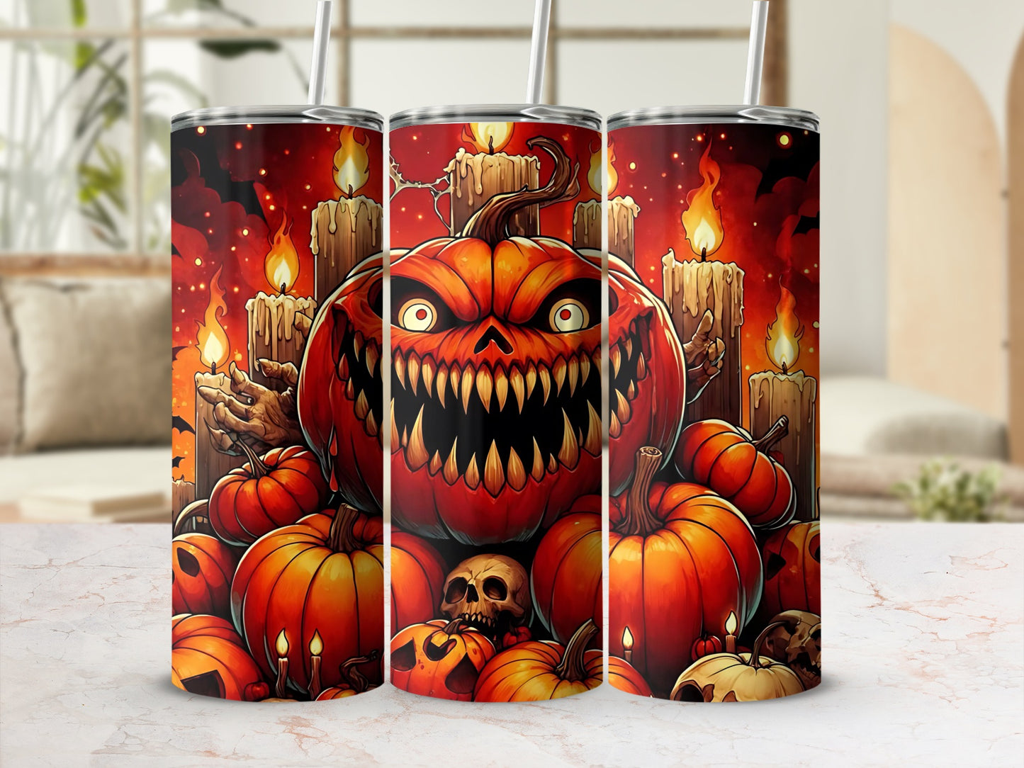 Spooky Halloween Pumpkin Tumbler with Candles Design