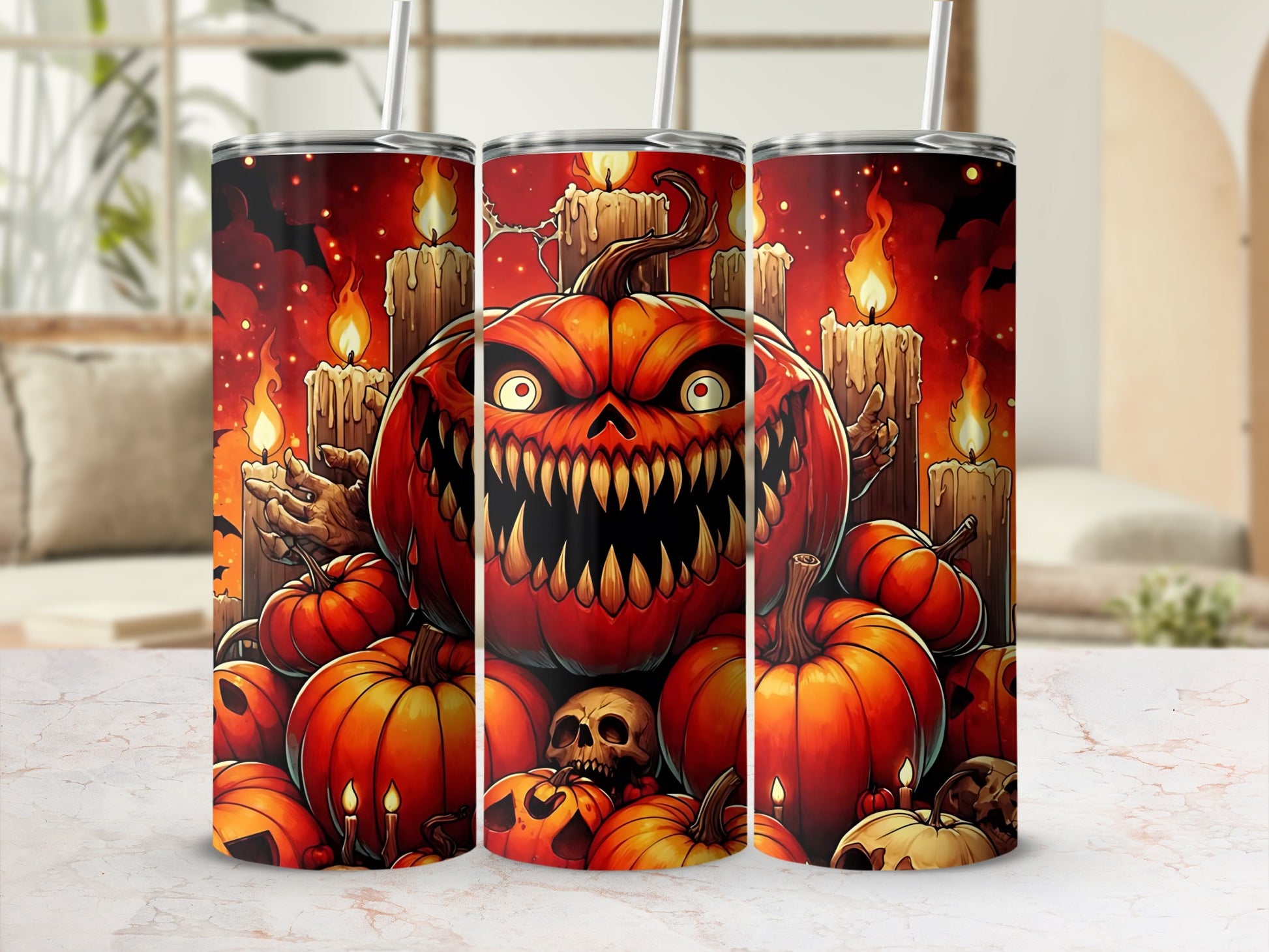 Spooky Halloween Pumpkin Tumbler with Candles Design