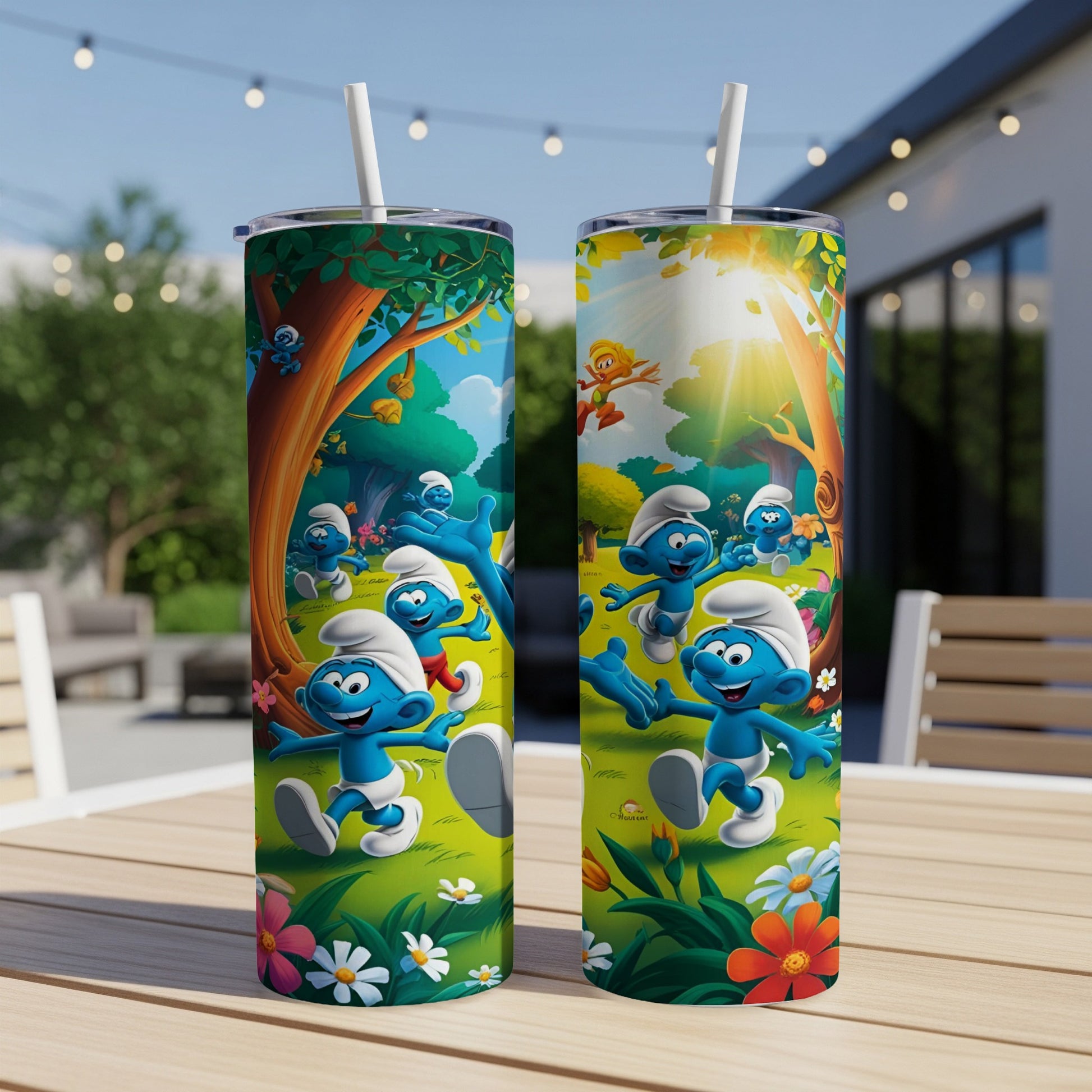 Smurfs enjoying a sunny day with flowers and trees.