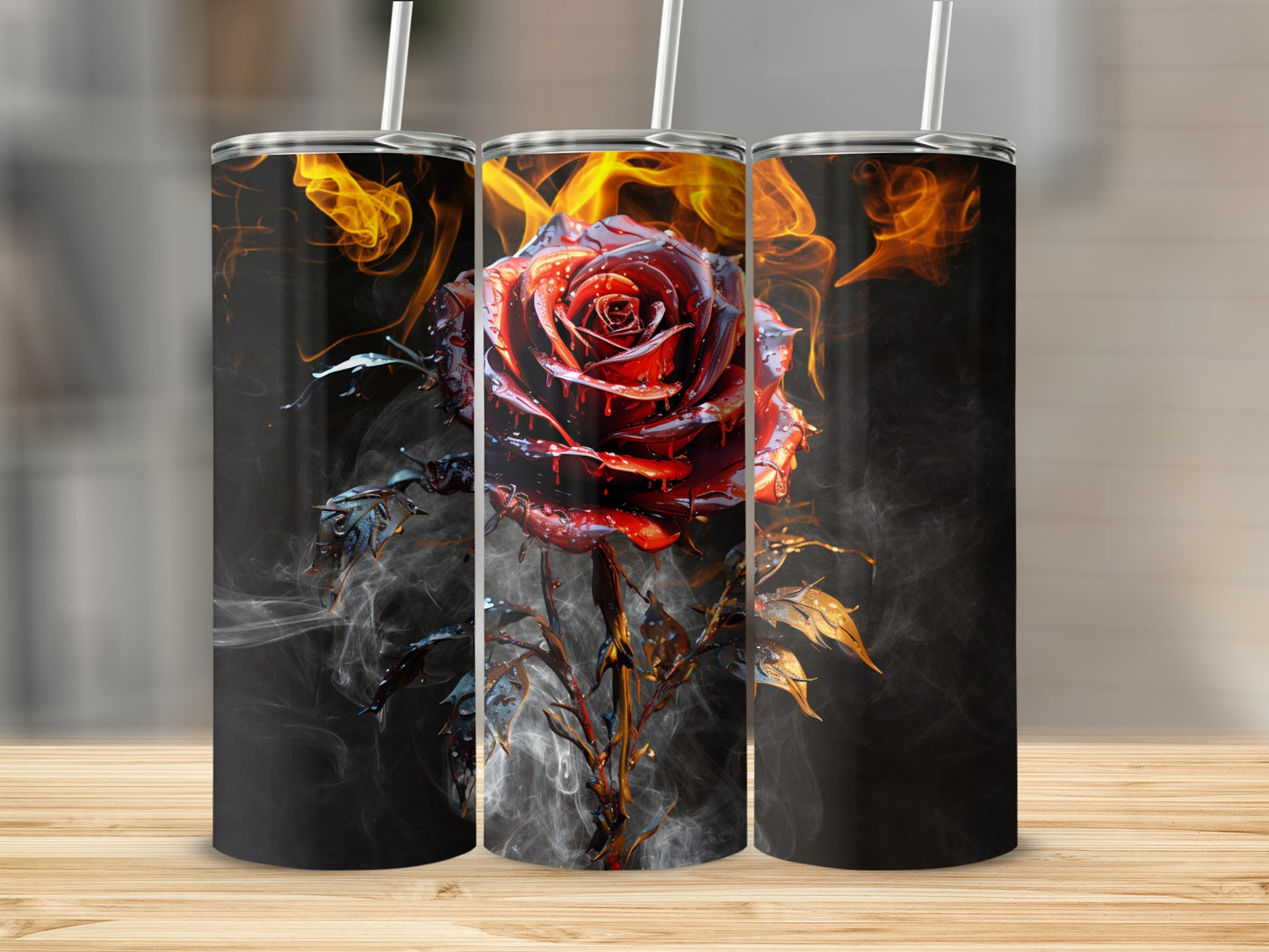 Fiery Rose and Smoke Design Tumbler Cup