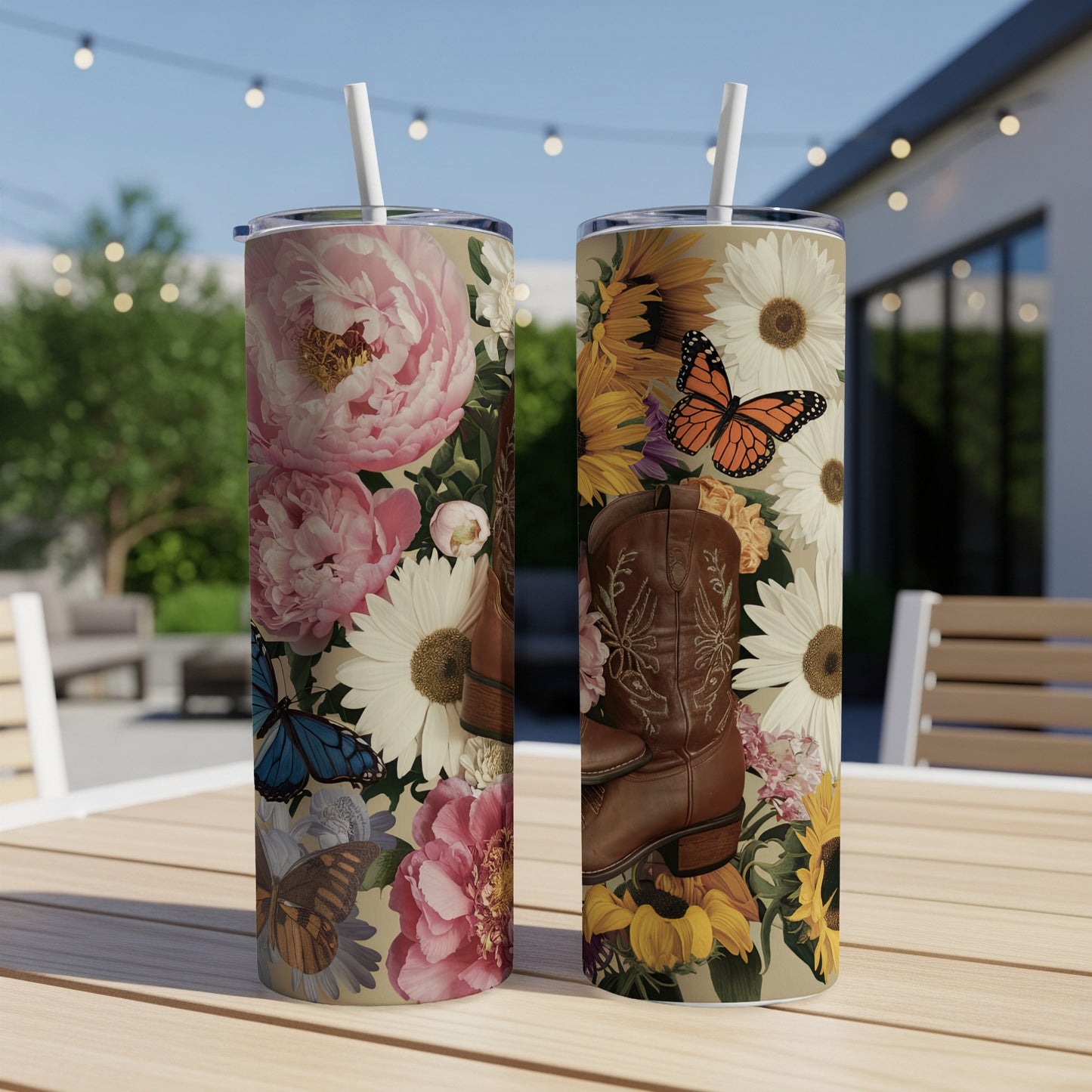 Two tall tumblers with floral and butterfly designs, one featuring a cowboy boot.