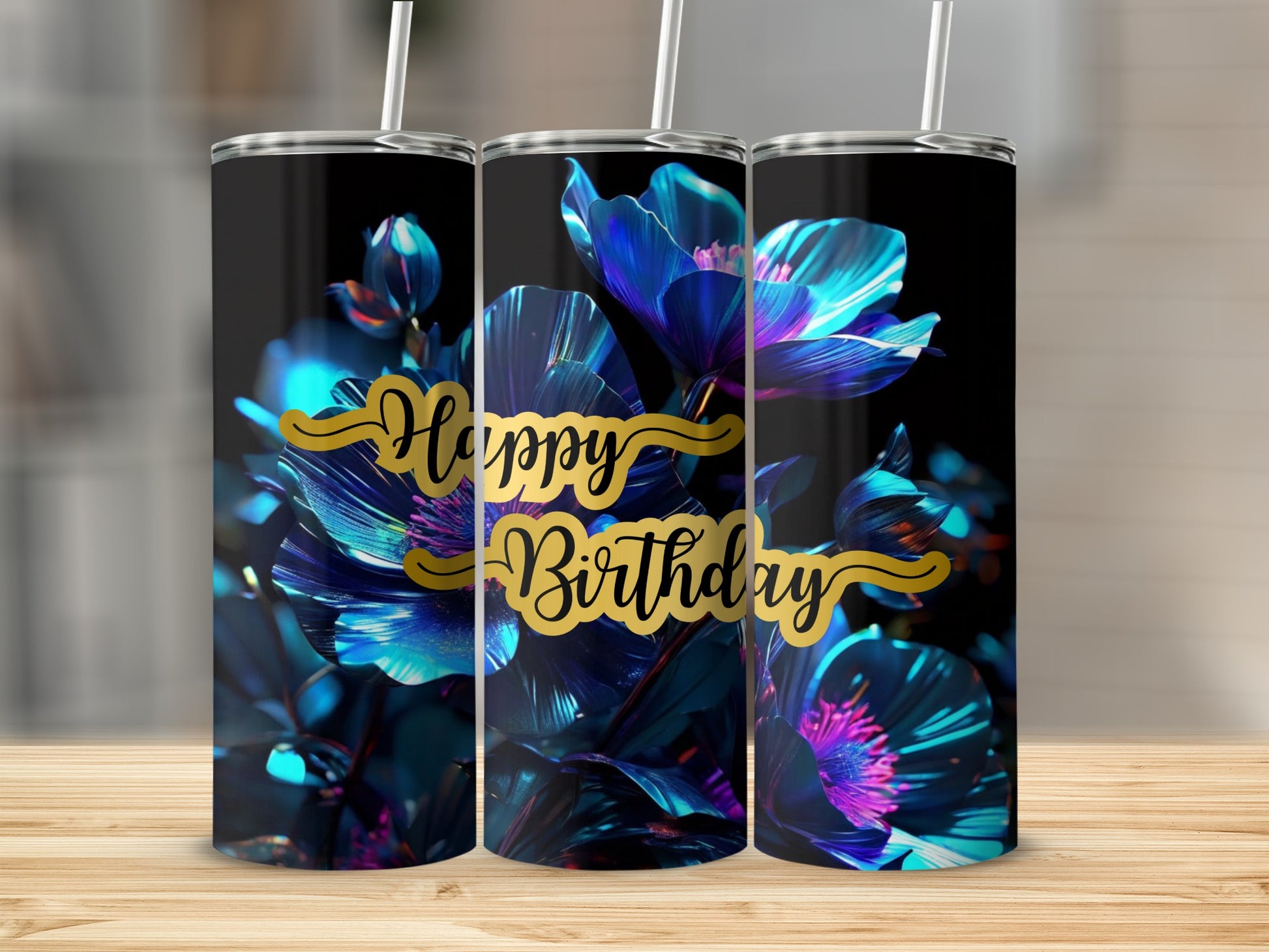 Tumbler with "Happy Birthday" text and vibrant blue and purple floral design.