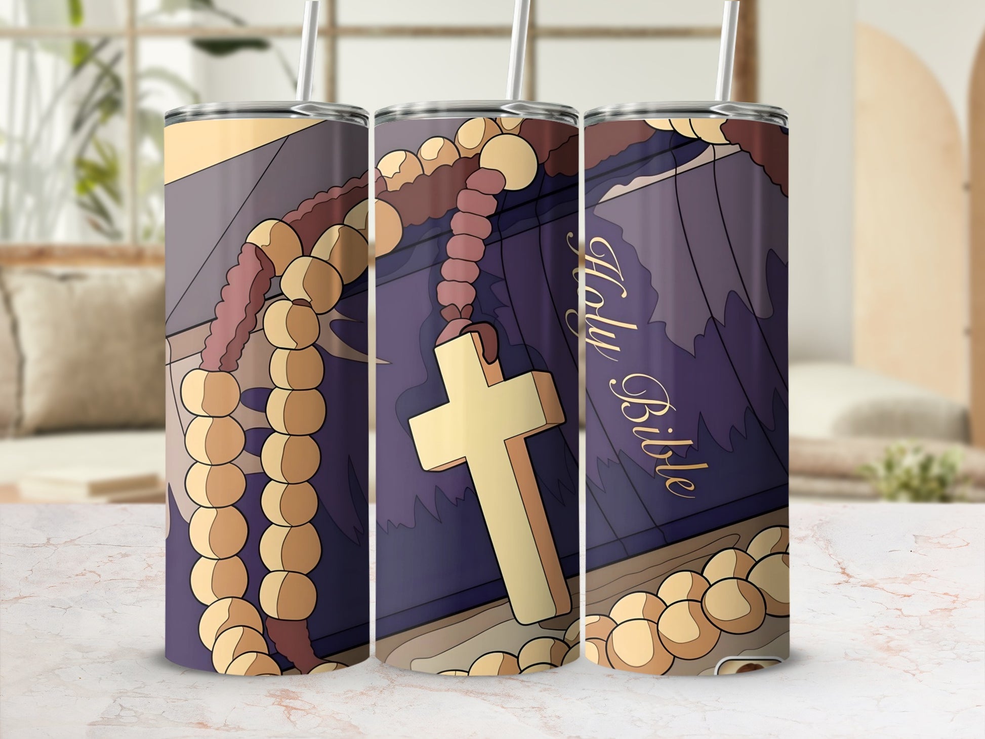 Holy Bible with Rosary Illustration Tumbler Cup