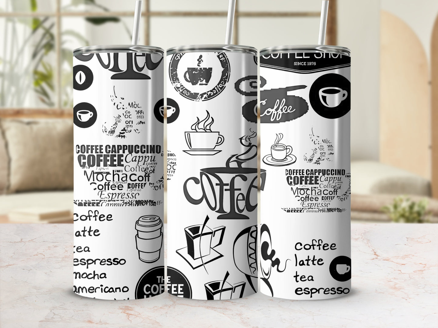 Stylish Coffee-Themed Travel Tumbler with Straw
