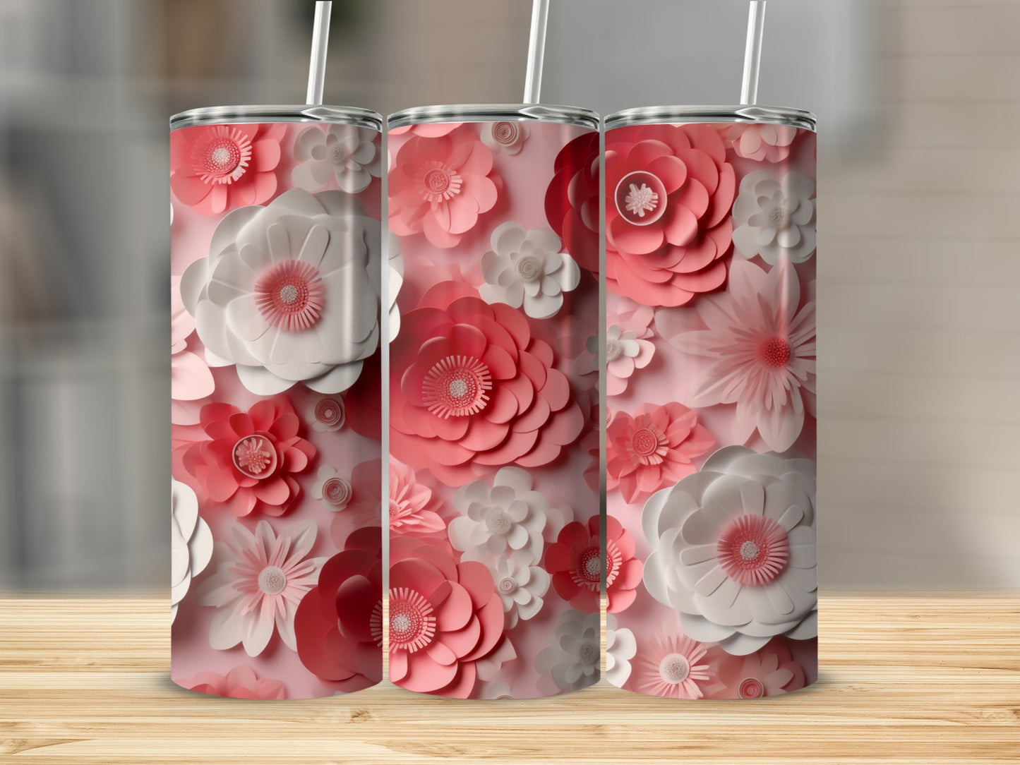 Floral Patterned Tumbler with Straw 20oz Slim Cup