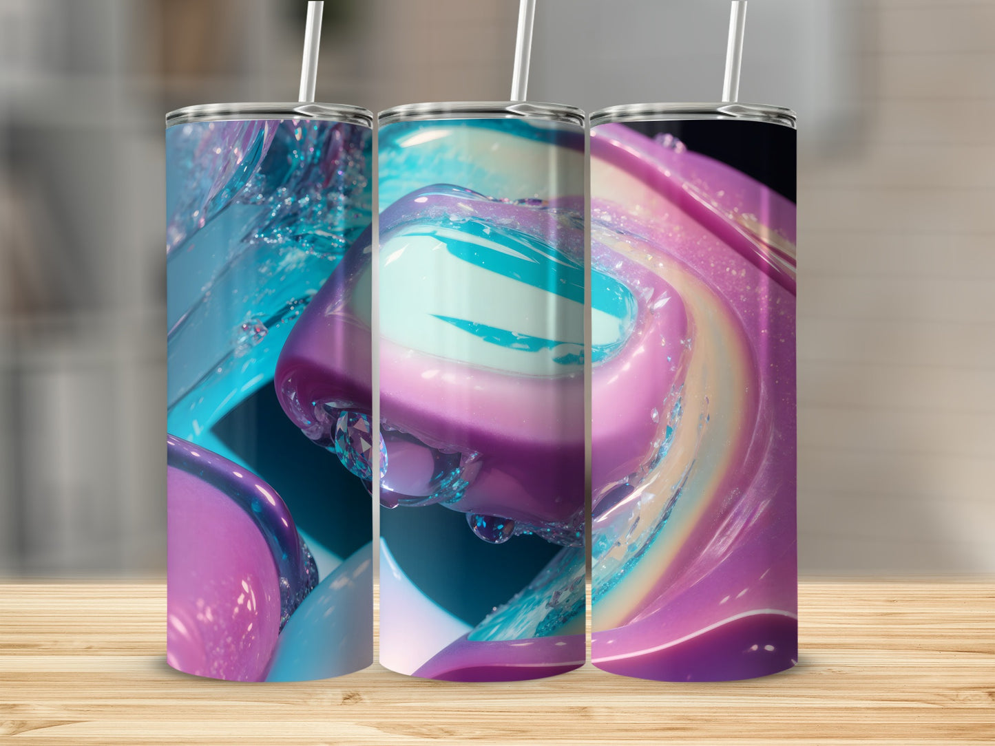 Three tumblers with swirling purple, blue, and pink abstract patterns.