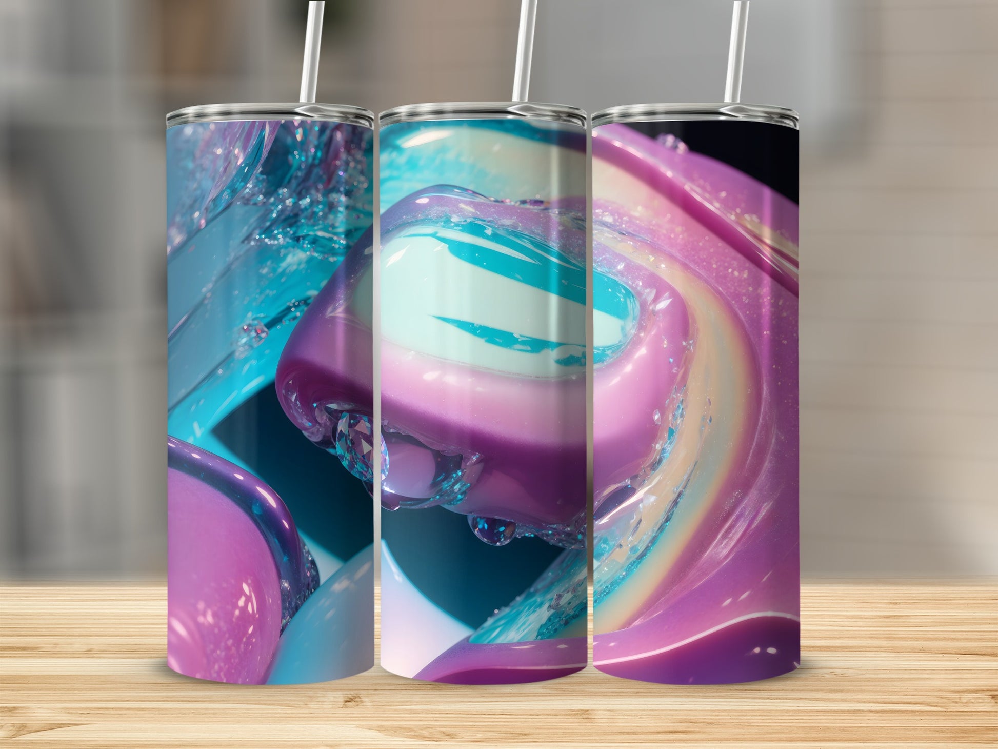 Three tumblers with swirling purple, blue, and pink abstract patterns.