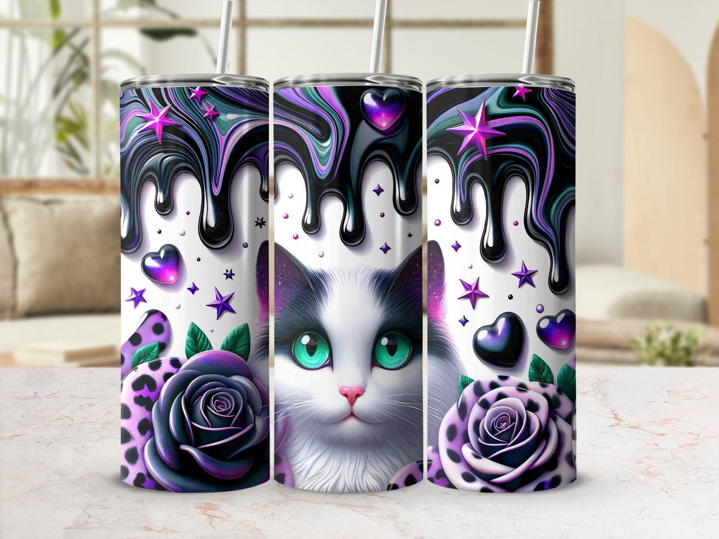 Tumbler with dripping purple accents, a cat face, and roses.