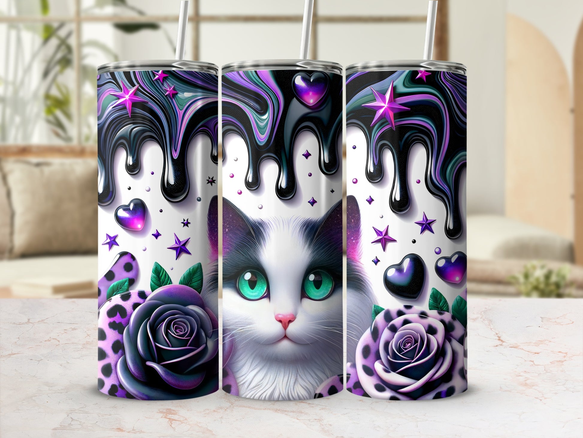 Tumbler with dripping purple accents, a cat face, and roses.