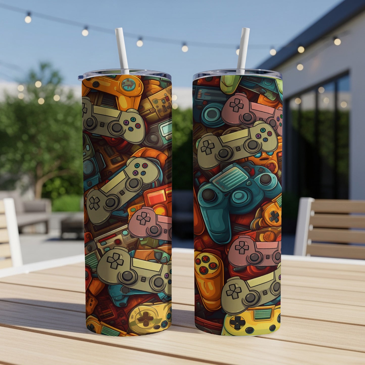 Two tumblers with a colorful collage of video game controllers.