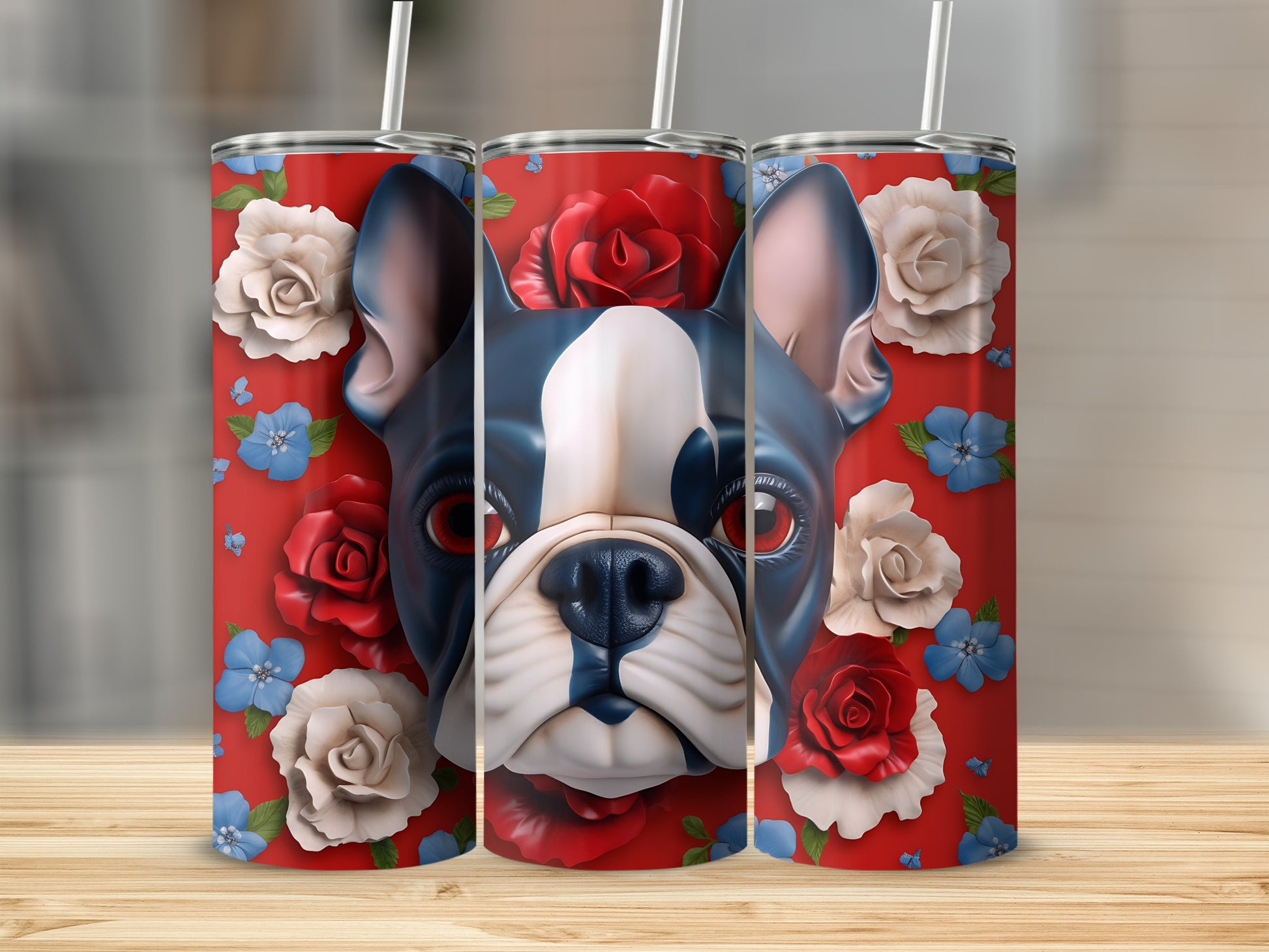 Boston Terrier face with roses and blue flowers on a red background.