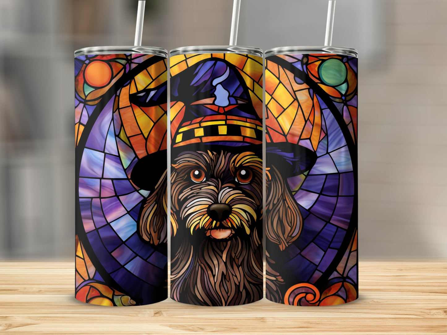 Halloween dog with witch hat in stained glass style on tumbler.