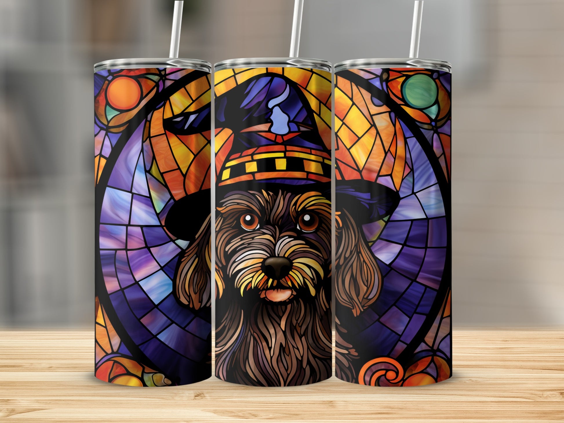 Halloween dog with witch hat in stained glass style on tumbler.