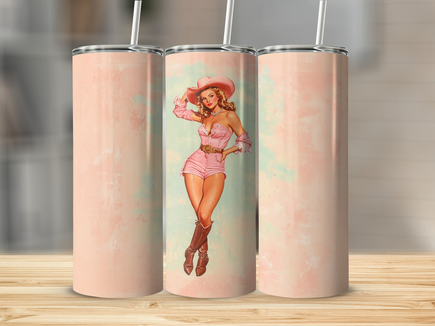 Pink tumbler with a pin-up cowgirl graphic on a textured background.