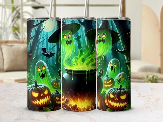 Halloween tumblers with ghosts, pumpkins, and a cauldron in a forest scene.