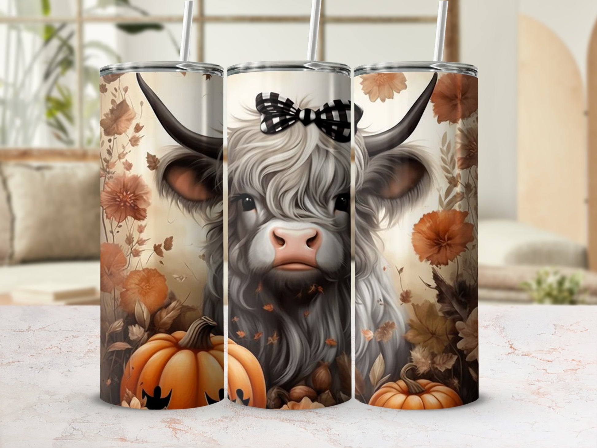 Autumn Floral Cow and Pumpkin Theme Tumbler Design