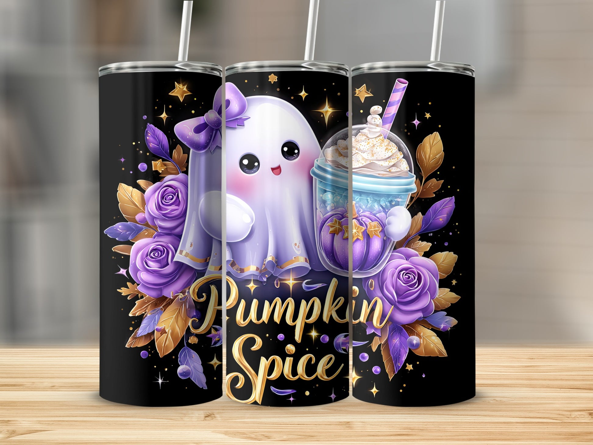 Pumpkin Spice Ghost and Flowers Halloween Tumbler