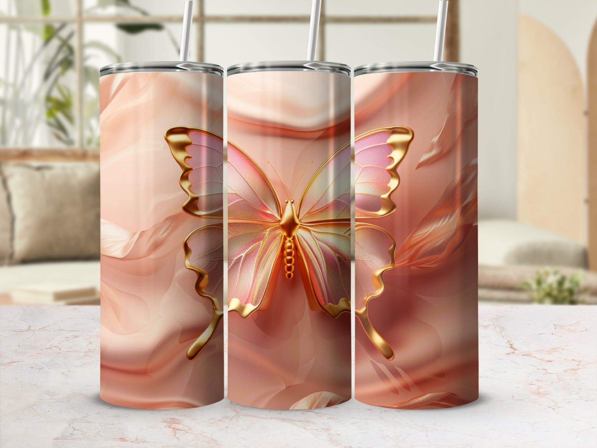 Three tumblers with a shimmering pink butterfly design and textured background.