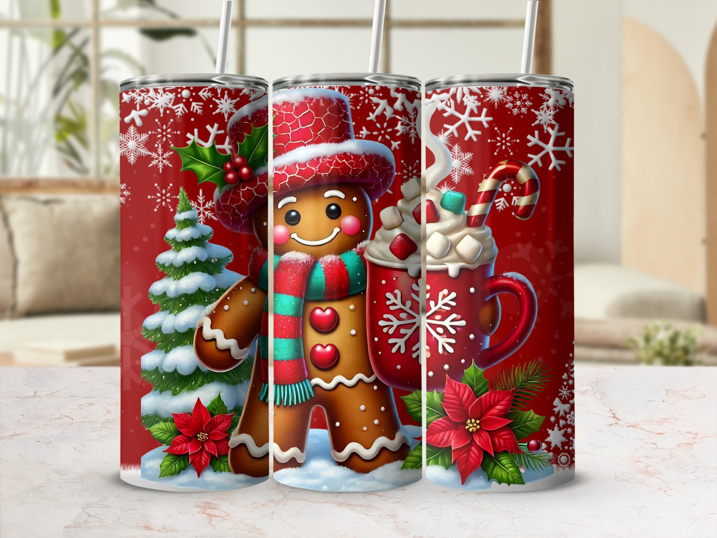 Gingerbread Snowflakes Christmas Tumbler with Straw