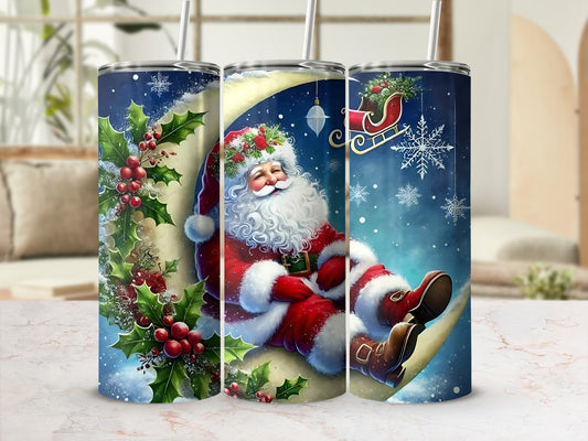 Festive Santa Claus with Holly and Sleigh Designs tumbler