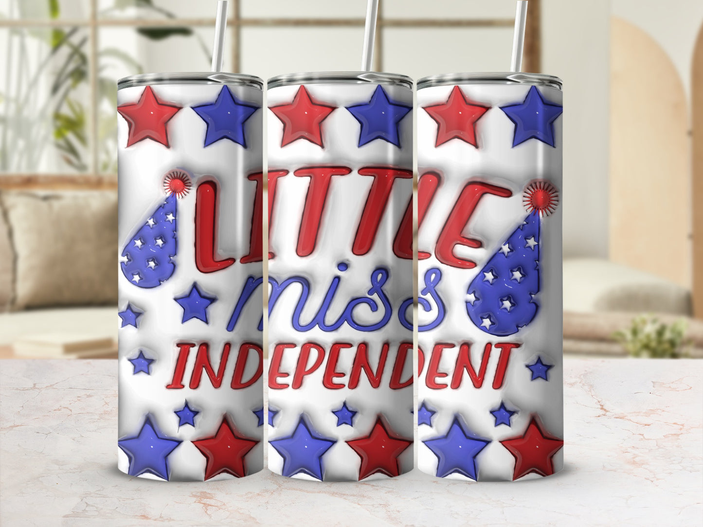 Red, white, and blue stars and "Little Miss Independent" text on a tumbler.