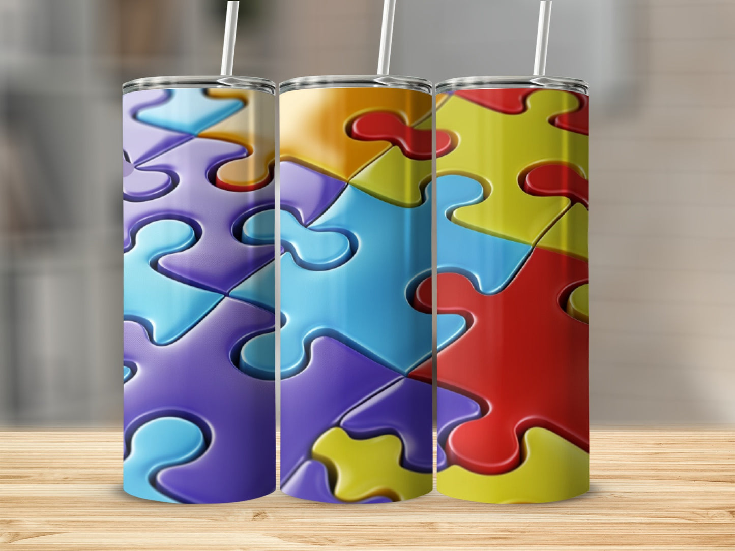 Three tumblers with colorful puzzle piece designs.