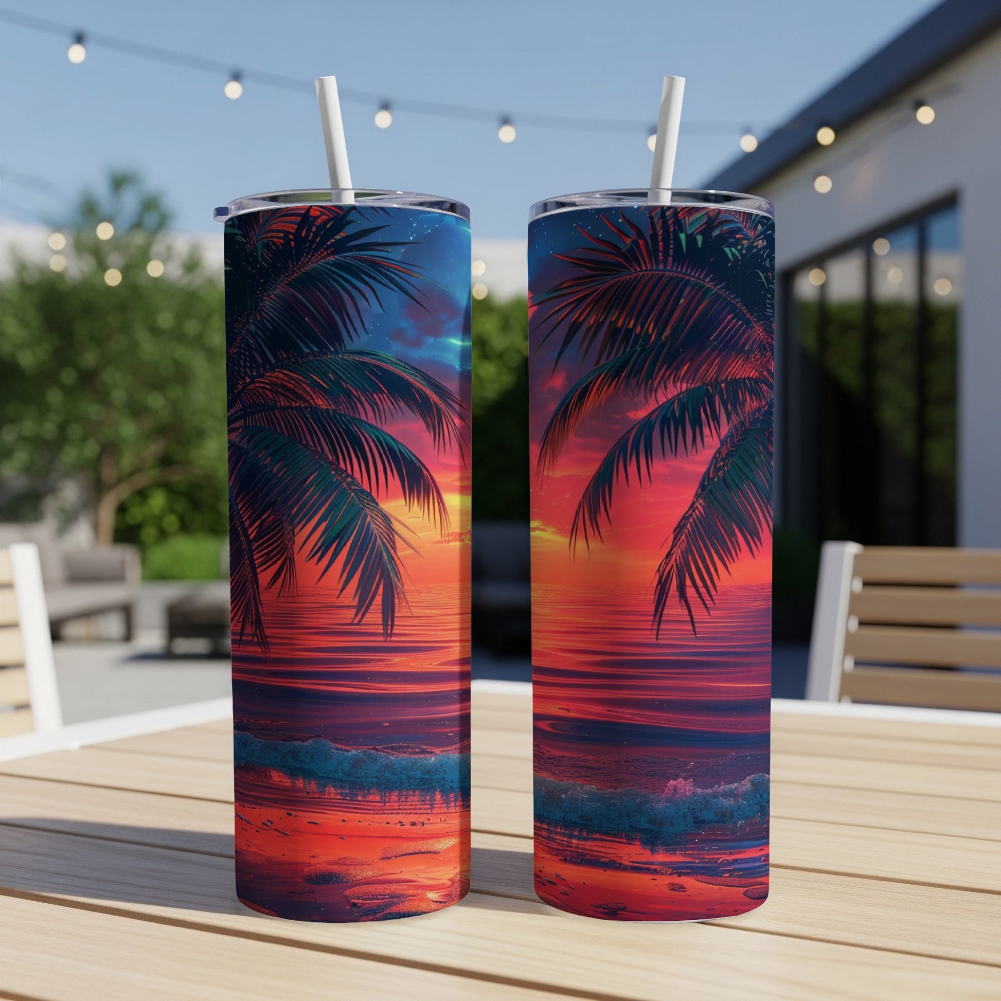 Two tall tumblers featuring a sunset over the ocean with palm trees.