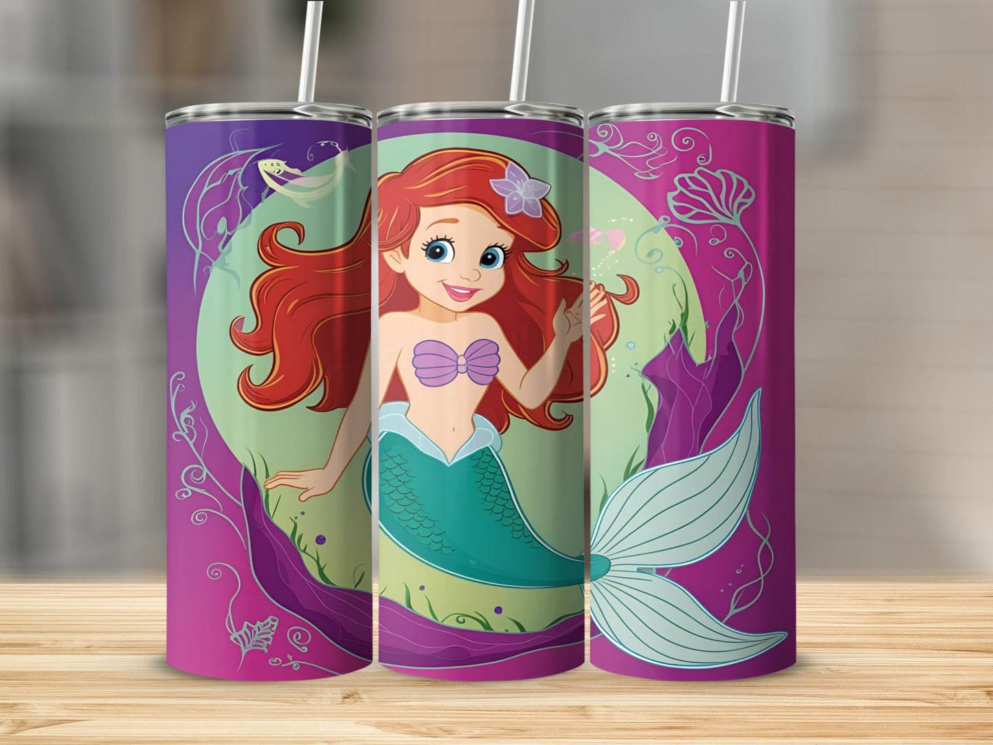 Ariel the Little Mermaid wearing a purple shell bra and teal tail.