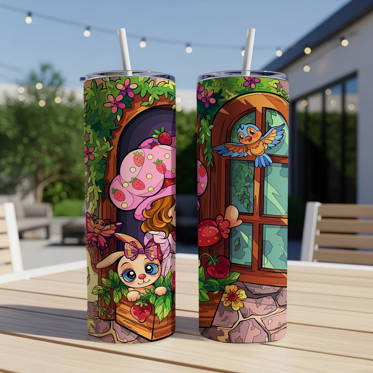 Cute bunny and bird illustration on a double-walled tumbler with straw.