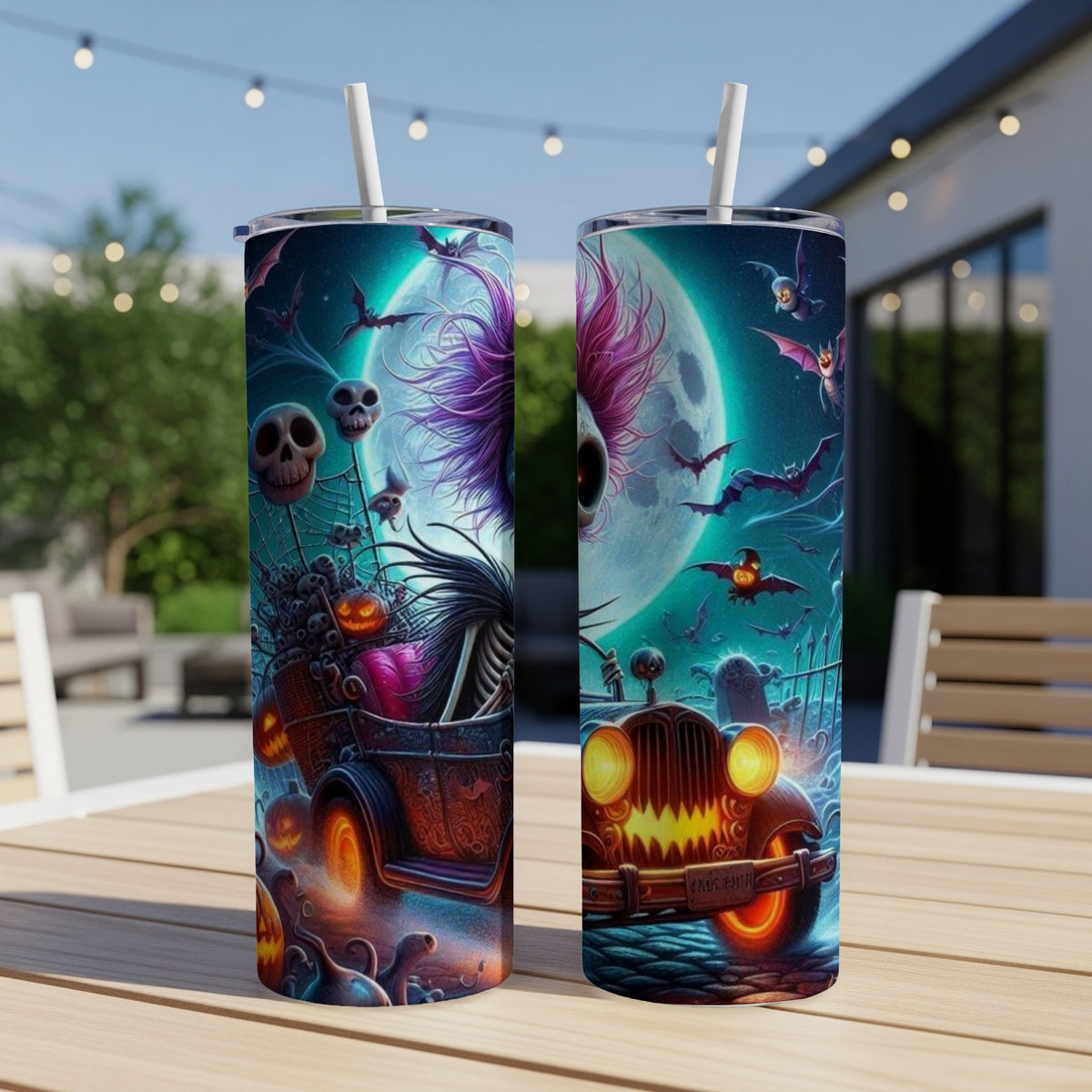 Two tumblers with Halloween skeleton, pumpkin, and bat designs under a full moon.