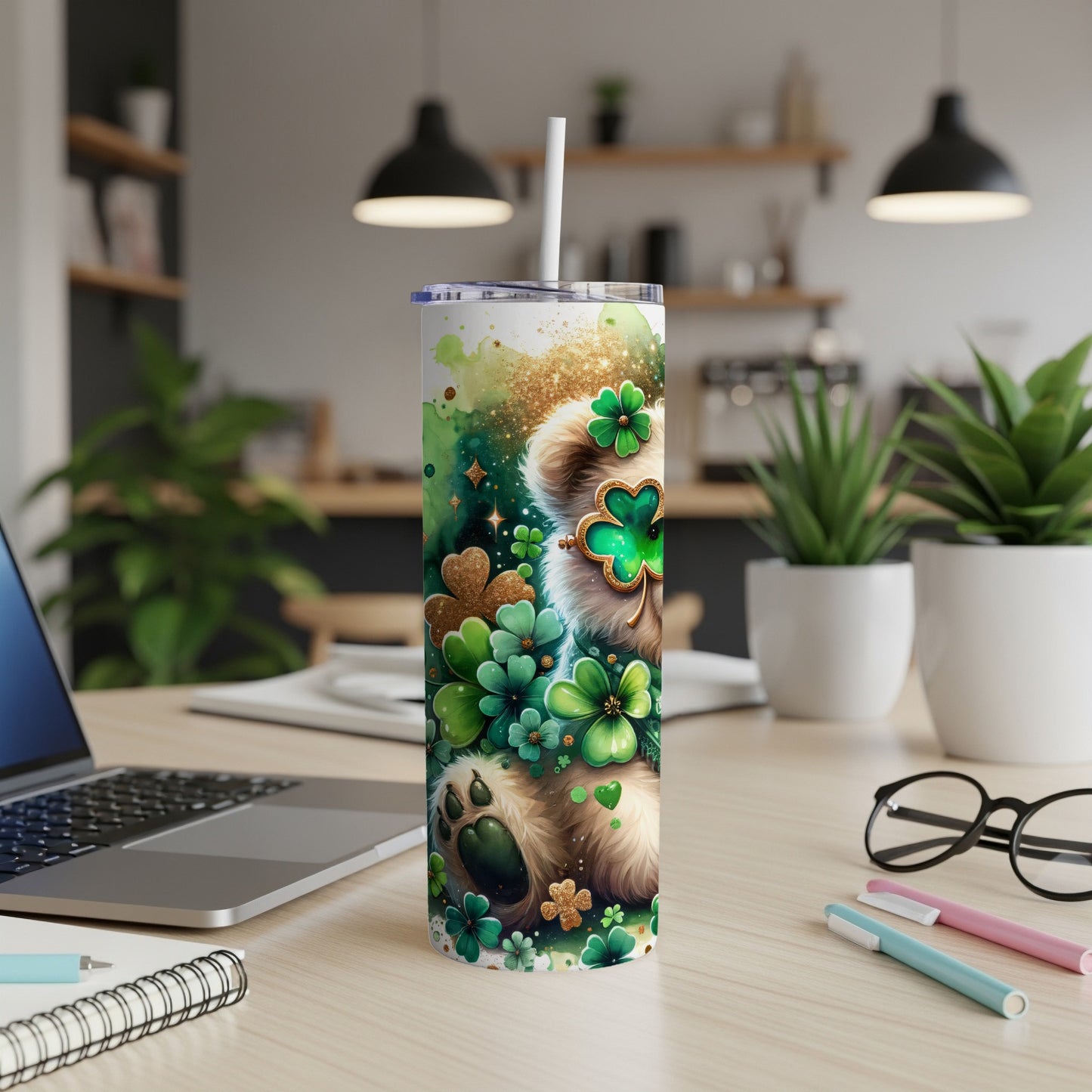 St. Patrick's Day themed tumbler with shamrocks and a bear.